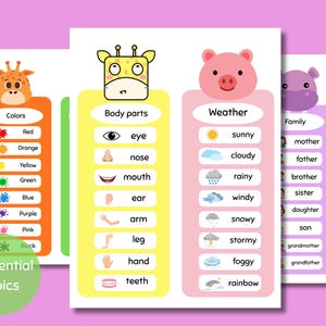 Pacchetto di schede di vocabolario inglese, attività di apprendimento per bambini (download immediato)