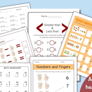 Könnte beinhalten: Eine Sammlung von Arbeitsblättern für Kinder, die Addition, Subtraktion und Zahlenverständnis üben. Die Arbeitsblätter sind auf weißem Papier mit farbenfrohen Illustrationen und klaren Anweisungen gedruckt. Die Arbeitsblätter enthalten den Text "Addition", "Subtraction", "Math Worksheet", "Greater than & Less than" und "Numbers and Fingers".