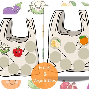 May include: Two beige tote bags with black outlines, labeled "vegetables" and "fruits." Each bag features cartoon illustrations of produce, including a red pepper, cauliflower, pears, and an orange. An orange circle with the text "Fruits & Vegetables" is in the foreground.