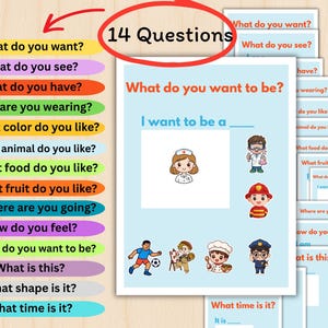 Peut inclure: Document éducatif imprimable avec 14 questions, dont « Que voulez-vous ? » et « Que voulez-vous être ? » Le design comprend des invites de questions colorées et des illustrations de diverses professions. Idéal pour l'apprentissage interactif et les activités en classe.