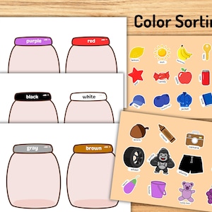 May include: A color sorting educational activity set featuring six white sheets with illustrations of jars labeled purple, red, black, white, gray, and brown. Two additional sheets contain various colorful object stickers to sort into the jars.