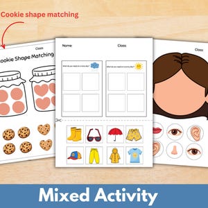 May include: Three educational activity worksheets featuring a Cookie Shape Matching page with jars and cookies, a weather-themed sorting page with items like boots and umbrellas, and a face-building page with facial features and a head outline.