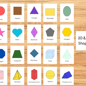May include: A collection of educational flashcards displaying various 2D and 3D shapes, including a red circle, brown square, purple triangle, yellow rectangle, green oval, pink star, blue heart, purple diamond, gray pentagon, yellow hexagon, blue octagon, green trapezoid, blue rhombus, light blue cube, light green cone, pink cylinder, yellow pyramid, red rectangular prism, yellow sphere, and blue triangular prism, with the text 2D & 3D Shapes.