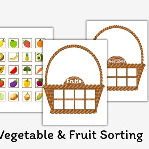 May include: A set of educational sorting sheets featuring a grid of various fruit and vegetable illustrations, alongside two basket graphics labeled Fruits and Vegetables with empty square slots for sorting activities, titled Vegetable & Fruit Sorting.