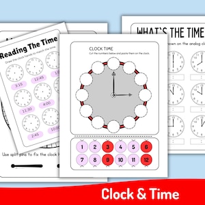 May include: Educational worksheets for learning to tell time. The worksheets include clock faces with missing hands, number cutouts, and time-telling exercises. The text on the worksheets includes "Reading The Time", "Clock Time", and "What's The Time?" The bottom of the image has the text "Clock & Time".