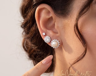 Pearl CZ oorbellen set, sierlijke goud-zilveren kristallen oorbellen, bruids halo studs, minimalistische alledaagse sieraden cadeau voor haar
