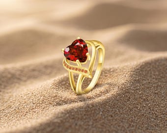 Aangepaste hartgeboortesteenring, gepersonaliseerde 925 sterlingzilveren CZ-beloftering, 18K vergulde hartring, verjaardagscadeau voor haar