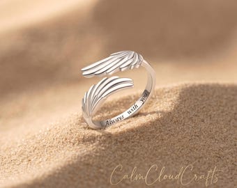 Aangepaste ring met engelenvleugels, gepersonaliseerde binnengravure, ring met herdenkingsbelofte, 18K goud zilver roségoud cadeau voor haar
