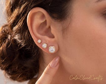 Kussengeslepen CZ-stekers, sierlijke halo-kristallen oorbellen, goudzilveren minimalistische studs, dagelijks bruidscadeau voor haar