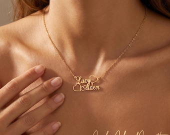 Op maat gemaakte gestapelde naamketting met hart | Dubbel naambord | Naamsieraden stel | 925 zilver 18 kt goud | Verjaardagscadeau voor vriendin