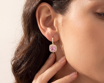 Roze CZ Huggie-oorbellen, vierkante kristallen bungelringen, goudzilveren oorbellen met zirkonia, sierlijk bruidscadeau voor haar