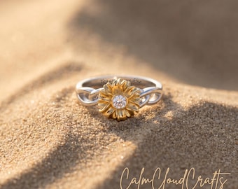 Anillo con la piedra natal del girasol / Anillo grabado "Eres mi rayo de sol" / Anillo floral bicolor / Plata 925 y oro de 18 quilates / Regalo para hija