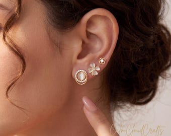 Pearl CZ oorbellen set, sierlijke goud-zilveren kristallen oorbellen, bruids halo studs, minimalistische alledaagse sieraden cadeau voor haar