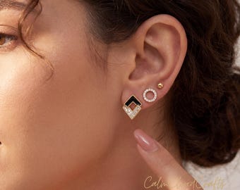 Gouden geometrische oorbellen, zwart witte CZ oorbellen, minimalistische cirkel vierkante oorbellen, enkele of paar oorbellen cadeau voor haar