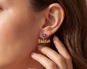 Aangepaste naam geboortesteen oorbellen, gepersonaliseerde hart edelsteen naam oorknopjes, 925 sterlingzilver 18 kt goud roségoud cadeau voor haar
