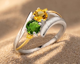 Aangepaste twee geboortesteenring, gepersonaliseerde naamring, 925 sterlingzilver familiering, gegraveerde moederring, cadeau voor moeder oma haar