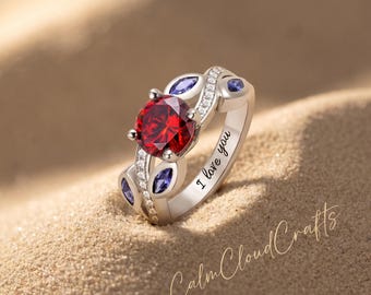 Aangepaste geboortesteenring, gepersonaliseerde gegraveerde familiering, 925 sterlingzilveren CZ-ring, 18K goud roségoud verguld cadeau voor moeder haar