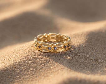 Anillo con nudo celta y piedra natal / Anillo de eternidad de filigrana / Anillo vintage calado / Plata 925 y oro rosa de 18 quilates / Anillo apilable delicado