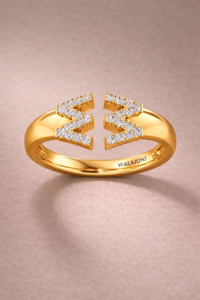 14K 18K Gold Diamond Open Bypass Initial Ring – Geometric Monogram M W ...