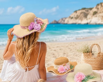 DIY Floral Straw Hat Kit, Summer Sun Hat Craft, Women's Beach Garden Party Accessory