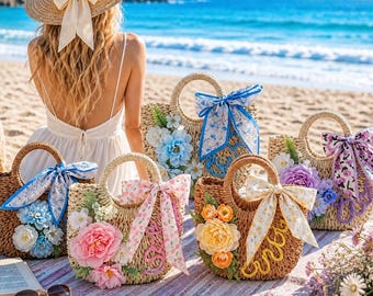 DIY Straw Bag Kit, Handwoven Beach Bag with Floral Scarf, Craft Project, Bridesmaid Gift