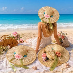 Vintage Floral Straw Hat - Etsy display picture 1
