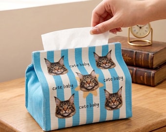 Custom Cat Photo Tissue Box Cover, Striped Pet Portrait Napkin Dispenser