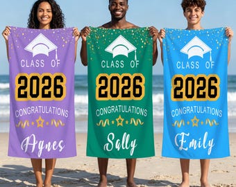Personalized Graduation Beach Towel, Personalized  Name Towel,Graduation Cap Pool Party Favor Towel,Vibrant Grad Cap For Vacation Party