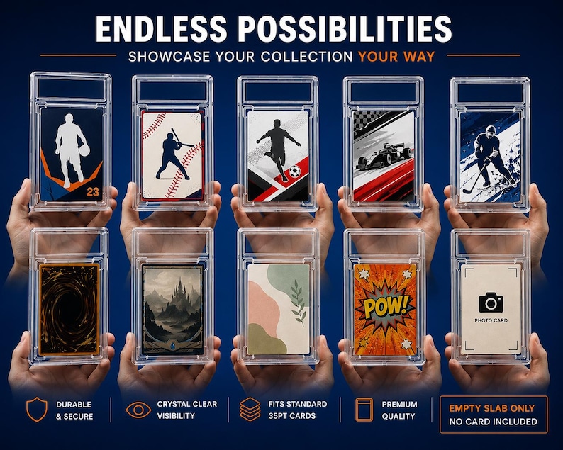Op de afbeelding: Transparante plastic kaarthouders met sport- en popcultuurkaarten. De afbeelding bevat de tekst "ENDLESS POSSIBILITIES SHOWCASE YOUR COLLECTION YOUR WAY". De houders worden beschreven als duurzaam, veilig en met kristalheldere zichtbaarheid.