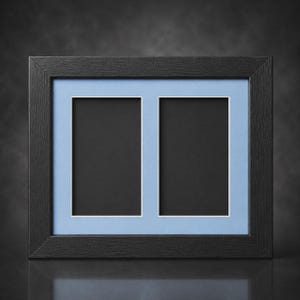 May include: A rectangular black picture frame with two openings. The frame has a light blue matting and white borders around the openings. The frame is made of wood and has a textured surface.