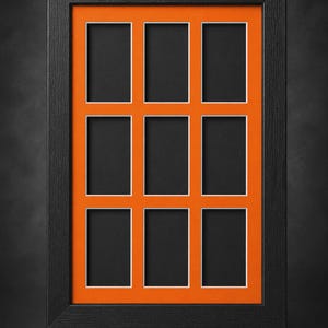 May include: A black picture frame with nine openings, each with a white border, set against an orange background. The frame is rectangular and has a dark wood grain texture. The overall design is modern and suitable for displaying multiple photos.
