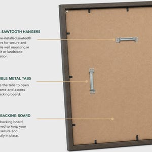 May include: Back of a framed artwork with a dark brown wooden frame. Features include dual sawtooth hangers, flexible metal tabs, and an MDF backing board. The frame is designed for secure wall mounting in portrait or landscape orientation.