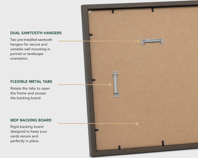 May include: Back of a framed artwork with a dark brown wooden frame. Features include dual sawtooth hangers, flexible metal tabs, and an MDF backing board. The frame is designed for secure wall mounting in portrait or landscape orientation.