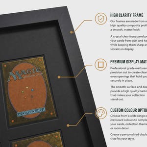 May include: Black framed display case with multiple openings for collectible cards. The case features a high-clarity frame, premium display matboard, and custom color options. The text on the cards reads "MAGIC" and "DECKMASTER".