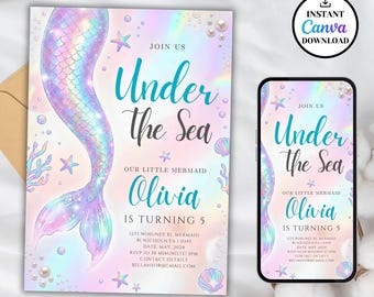 Inbjudan till sjöjungfrufödelsedag, inbjudan till fest under havet, flickors havstema (Canva-mall)
