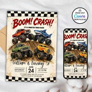 Könnte beinhalten: Eine Geburtstagseinladung mit Monster-Truck-Motiv. Das Design enthält den Text "BOOM! CRASH!" und Illustrationen von Monster Trucks, darunter ein Truck im Hai-Design. Die Einladung enthält auch den Text "William wird 5!" und Veranstaltungsdetails.