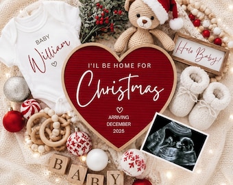 Plantilla para anunciar la llegada del bebé en Navidad, anuncio de embarazo de invierno editable (descarga digital)
