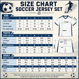 May include: A size chart for a soccer jersey set featuring tables for kid, youth, and adult sizes in inches. The graphic includes illustrations of a white jersey and shorts with green arrows indicating measurement points for length, chest, waist, and hip.