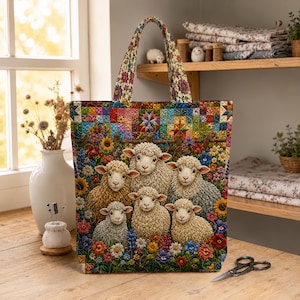 Puede incluir: Un bolso tote acolchado con un vibrante patrón de patchwork multicolor en la parte superior y una escena detallada de cinco ovejas esponjosas de pie en un jardín exuberante lleno de girasoles, margaritas y varias flores coloridas.