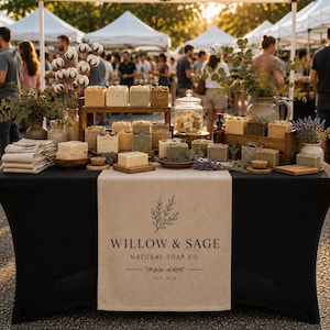 Personalized Soap Business Table Runner, Custom Logo Linen Table Runner, Farmers Market Booth Decor, Handmade Soap Vendor Display
