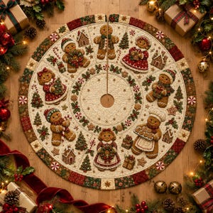 Può includere: Una gonna per albero di Natale trapuntata e circolare con un centro color crema caratterizzato da un motivo ripetitivo di omini di pan di zenzero, casette e alberi sempreverdi. Il bordo presenta un design patchwork nei toni del rosso, verde e marrone.