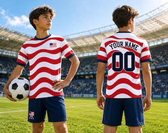 Camiseta de fútbol USA Liberty Wave 2026, kit de fútbol personalizado con nombre y número, conjunto de camiseta de aficionado de EE. UU. personalizado, regalo patriótico de fútbol