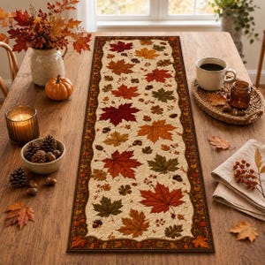 May include: A rectangular table runner featuring a cream-colored center with a repeating pattern of autumn maple leaves in shades of red, orange, yellow, and green, bordered by a dark brown frame with a decorative leaf and acorn motif.