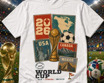 Camiseta vintage del Mundial 2026, camiseta de fútbol de EE. UU., Canadá y México, camiseta para aficionados al fútbol norteamericano, camiseta con estampado de póster de viaje retro.