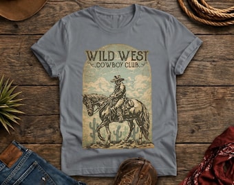 Camiseta cómoda del Wild West Cowboy Club, camiseta vintage retro de vaquero montando a caballo, camiseta unisex de vaquera de rodeo country