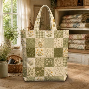 Può includere: Una borsa tote trapuntata con un design patchwork composto da vari quadrati di tessuto verde e crema. Il motivo include disegni floreali, piccoli fiori gialli e quadretti vichy verdi. La borsa è dotata di due manici in tessuto abbinati.