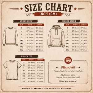Puede incluir: Una tabla de tallas beige con ilustraciones de una sudadera de cuello redondo, una sudadera con capucha y una camiseta. Incluye tablas con medidas de ancho y largo en pulgadas y cent&iacute;metros para las tallas de la S a la 5XL, y una nota sobre tallas unisex.