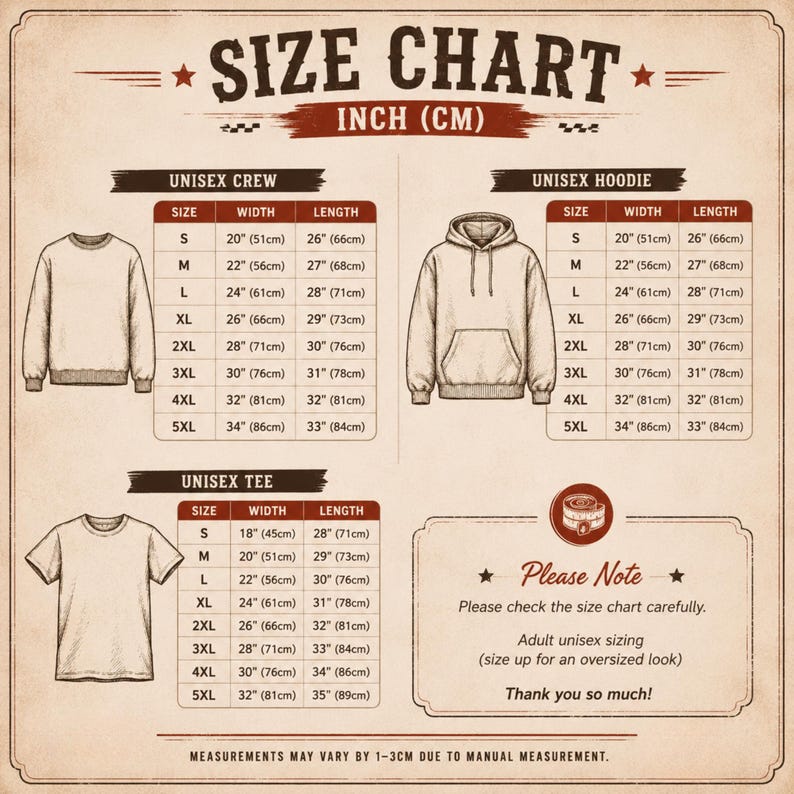 Puede incluir: Una tabla de tallas beige con ilustraciones de una sudadera de cuello redondo, una sudadera con capucha y una camiseta. Incluye tablas con medidas de ancho y largo en pulgadas y cent&iacute;metros para las tallas de la S a la 5XL, y una nota sobre tallas unisex.