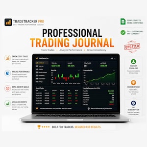 以下が含まれることがあります： TradeTracker Proのプロフェッショナル・トレーディング・ジャーナルのダッシュボードを表示したノートパソコン。財務チャート、損益データ、パフォーマンス指標が含まれています。インターフェースはダークテーマで、緑と赤のデータ視覚化が特徴です。