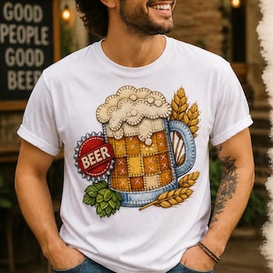 Patchwork-Bierdesign-Datei (PNG), Bierkrug-Aufnäher (PNG), gesticktes Bier (PNG), Vintage-Shirt-Design für Bierliebhaber, Sublimations-PNG